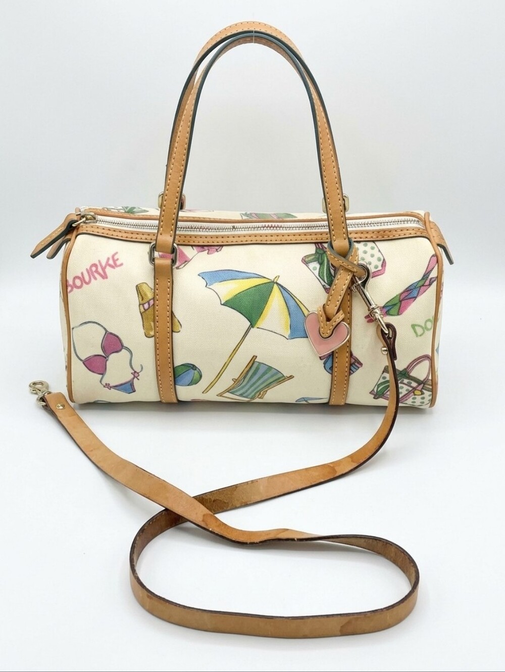 Dooney & Bourke Cream Barrel Crossbody with Multicolor Beach Print Rainbow Zip